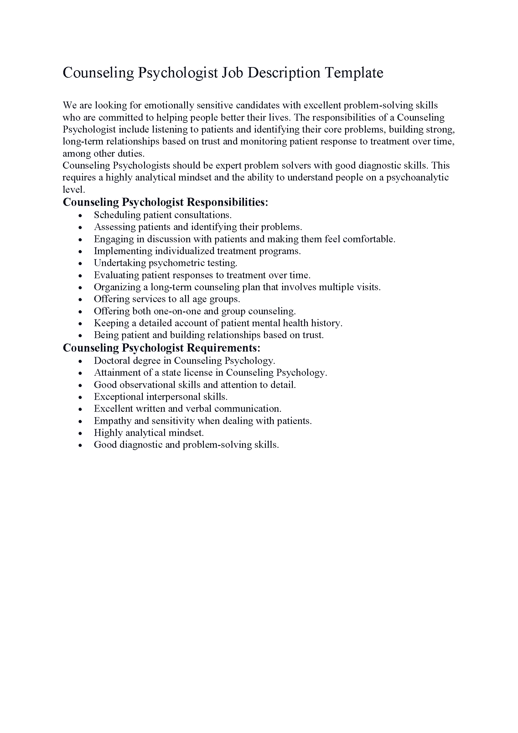 Counseling Psychologist Job Description Template